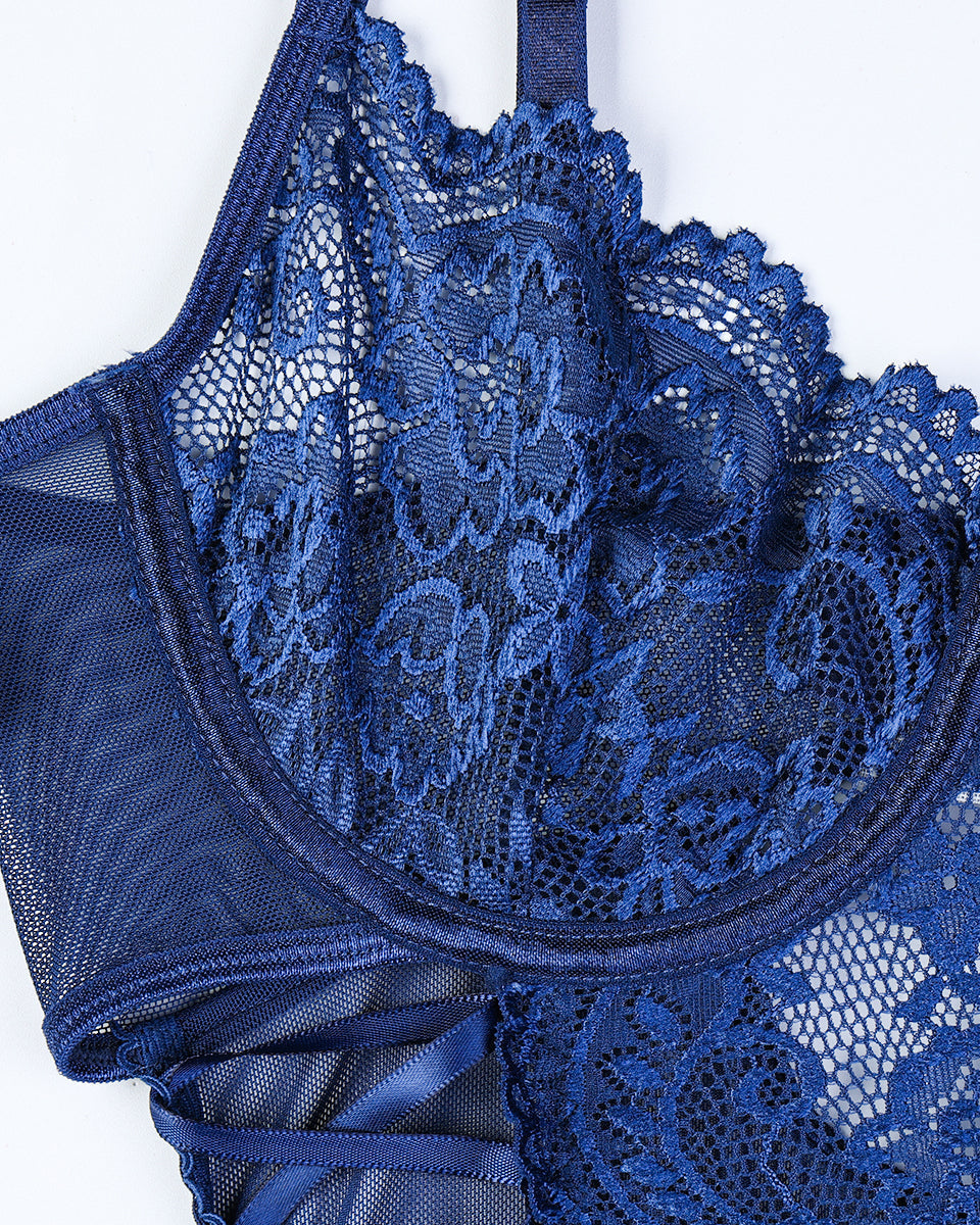 Christina™ | Body transparentne z koronką z kwiatowym wzorem i kokardką z boku