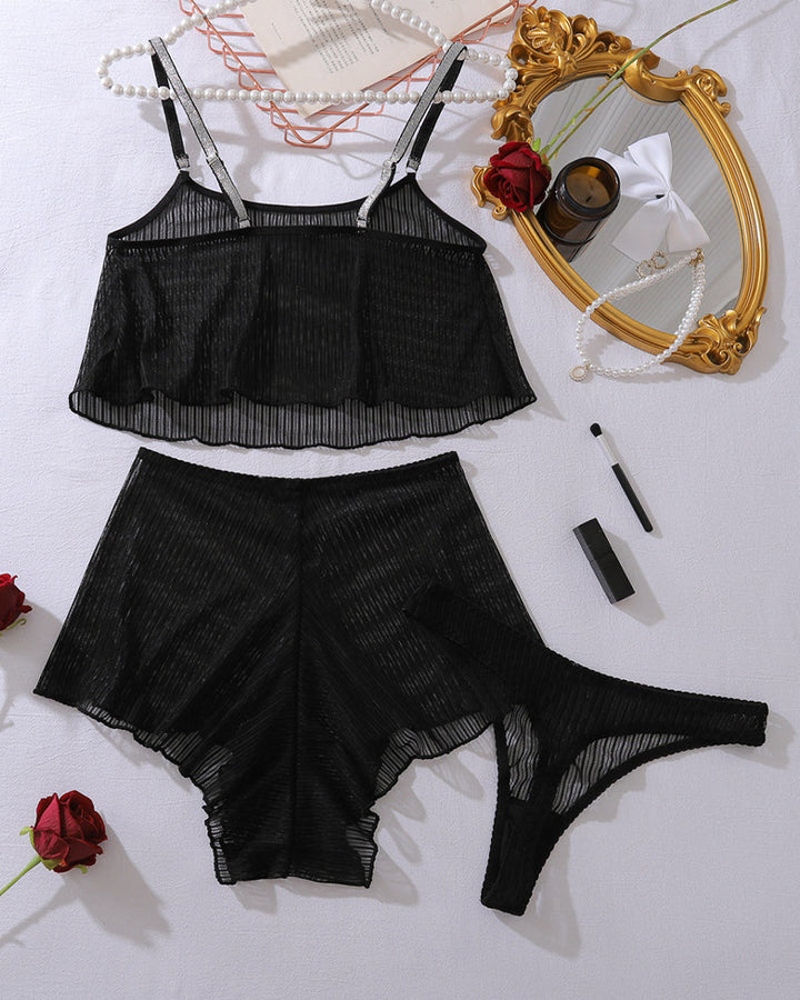 Michalina™ | Siatkowy, przezroczysty top i krótki zestaw piżamowy